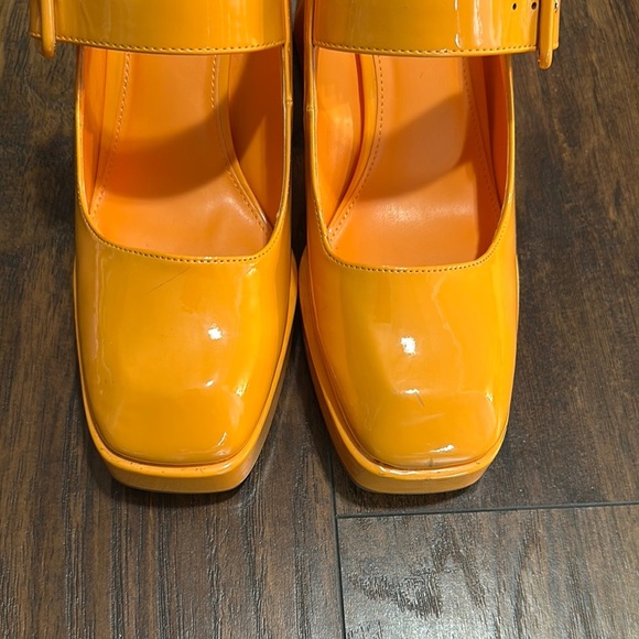 Mary Jane Khiara Shiny Bright Orange Platform Patent Leather Block Heels 10 - Picture 11 of 15